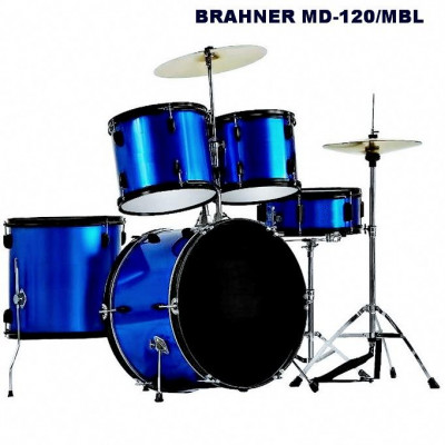 BRAHNER MD-120 MBL (22"х16")(16"x16")(13"x10")(12"x9")(14"x 5.5") установка + стойки (D19 мм для тарелки, Hi-hat, малого барабана), тарелки (14"х2, 16"х1), педаль, стул, фурнитура