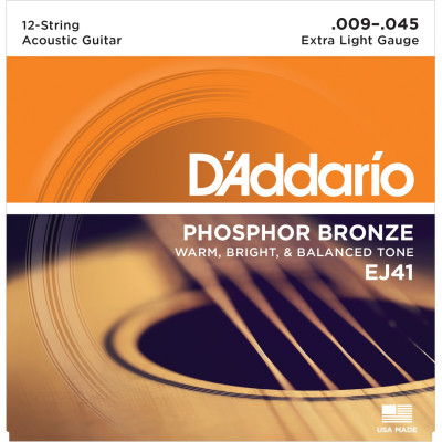 Струны для 12-струнной гитары D'ADDARIO EJ41 с обмоткой из фосфорной бронзы, Extra Light 9-45