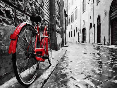 Картина по номерам 40х50 КРАСНЫЙ ВЕЛОСИПЕД В СТАРОМ ГОРОДЕ (23 цвета)
