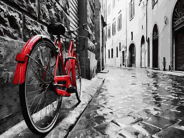 Картина по номерам 40х50 КРАСНЫЙ ВЕЛОСИПЕД В СТАРОМ ГОРОДЕ (23 цвета)