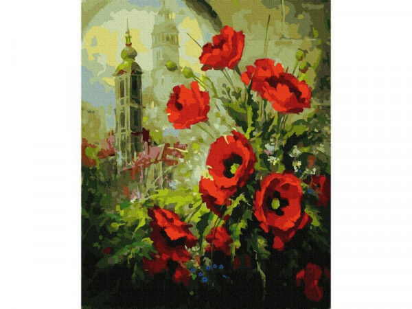 Картина по номерам 40х50 МАКИ НА ФОНЕ СОБОРА (27 цветов)