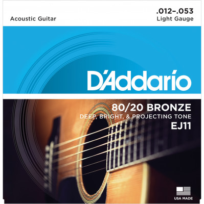 Струны для акустической гитары D'ADDARIO EJ11 бронза 80/20, Light 12-53