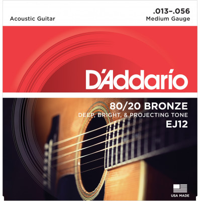 Струны для акустической гитары D'ADDARIO EJ12 бронза 80/20, Medium 13-56