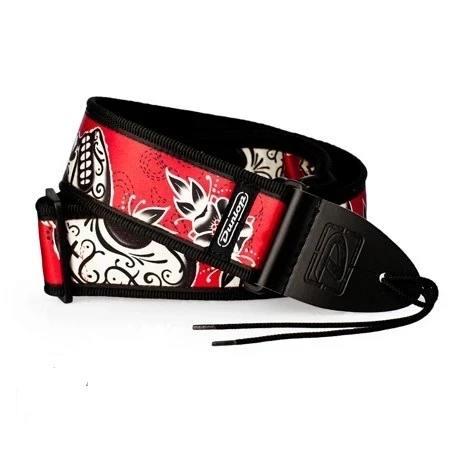 DUNLOP D38-37TS Tres Skulls 2 ремень гитарный,  жаккард, красный с черно-белыми черепами