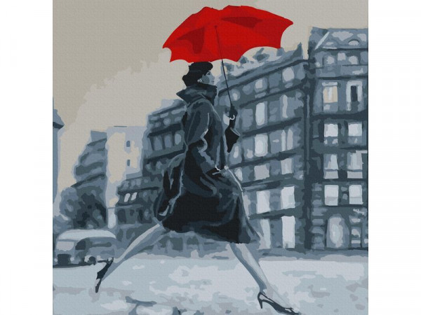 Картина по номерам 30х30 ДЕВУШКА С КРАСНЫМ ЗОНТОМ (14 цветов)